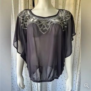 Anthropologie Blue Kimchi Silver Beaded Chiffon Blouse Top, medium, size M